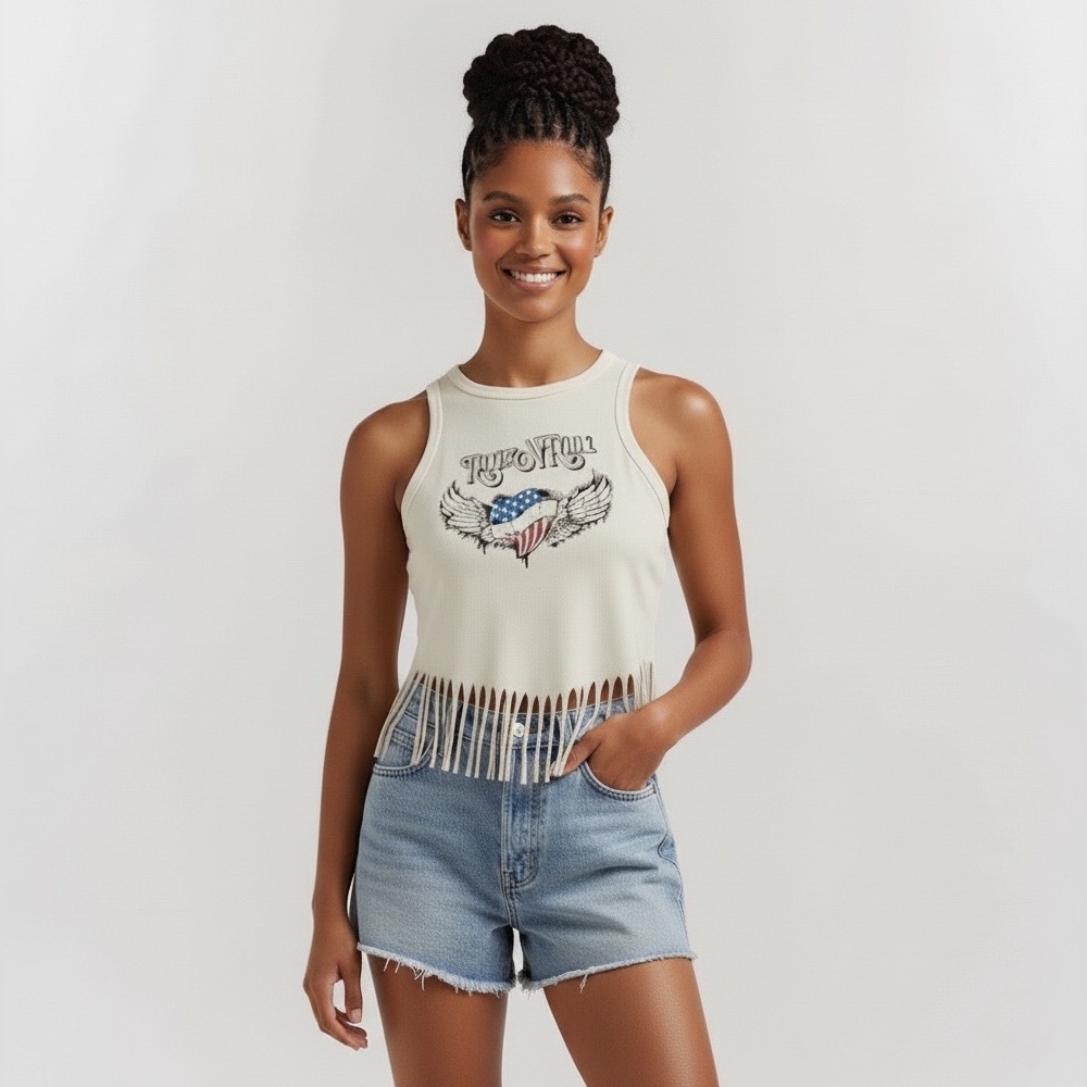 Originality NWT Graphic Crop Top Rock-N-Roll Ivory Heart American Flag Wings S